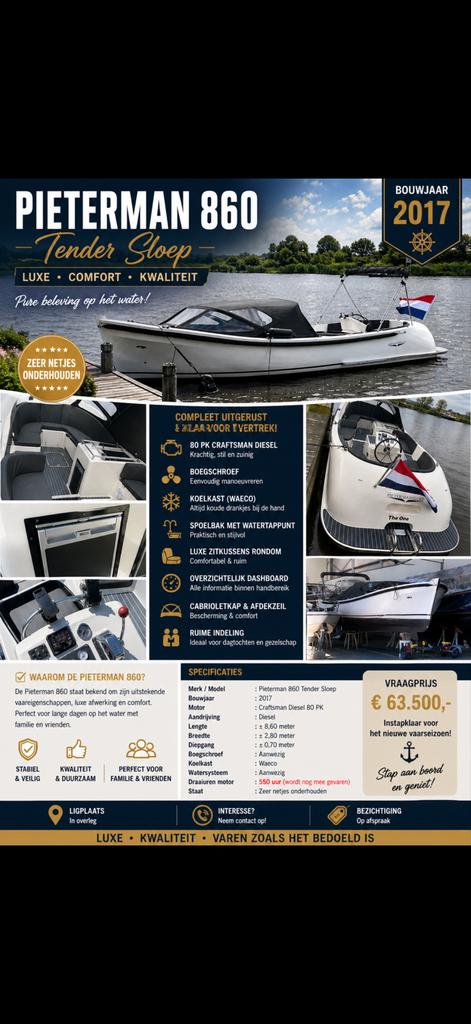 Luxe Pieterman 860 Tendersloep - Zeer Compleet, Gebruikt, Binnenboordmotor, 6 meter of meer, Diesel