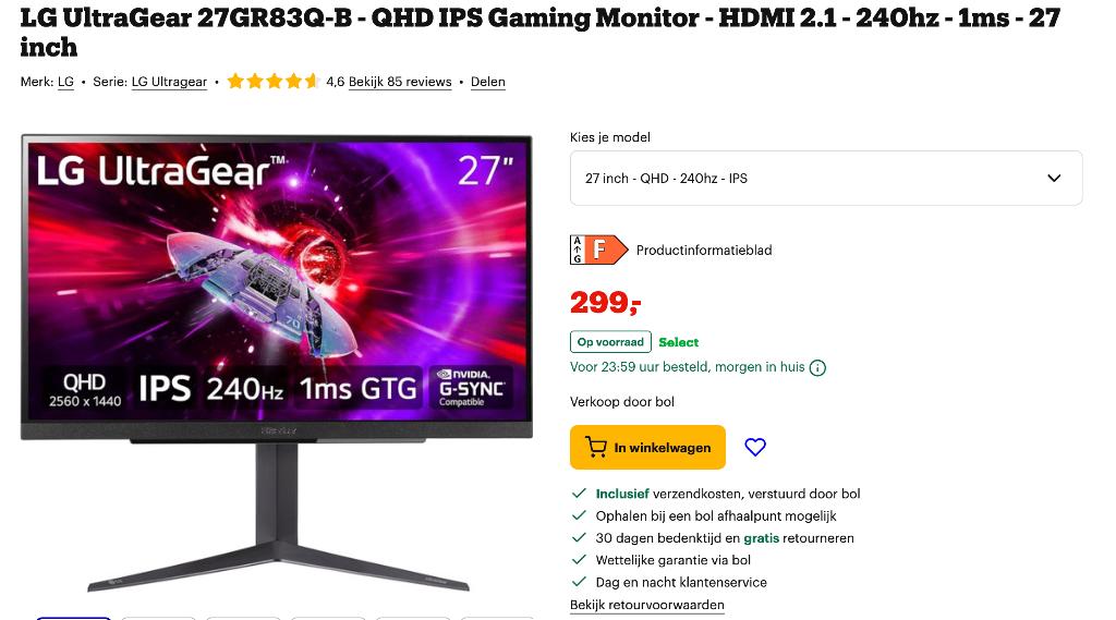 LG Gaming Monitor 27inch - 240hz - 2560 x 1440 - 1ms, Computers en Software, Monitoren, Gaming, IPS, Zo goed als nieuw, Quad HD (2K)