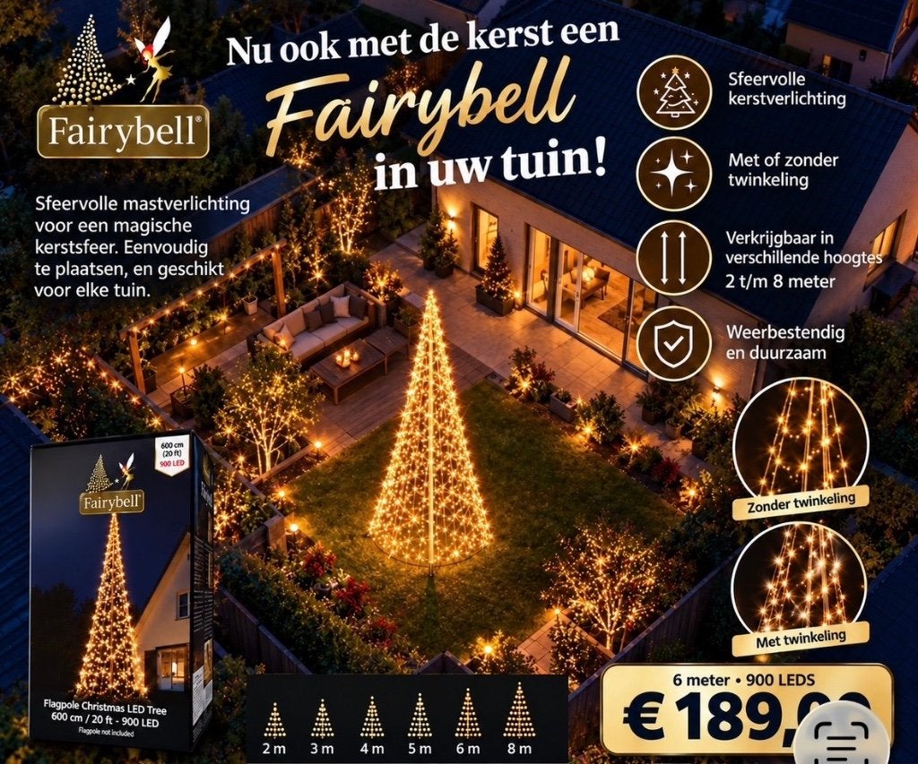 Fairybell mastverlichting 4 tot 8 meter, 6 m. 900leds 189,00, Diversen, Ophalen of Verzenden, Nieuw