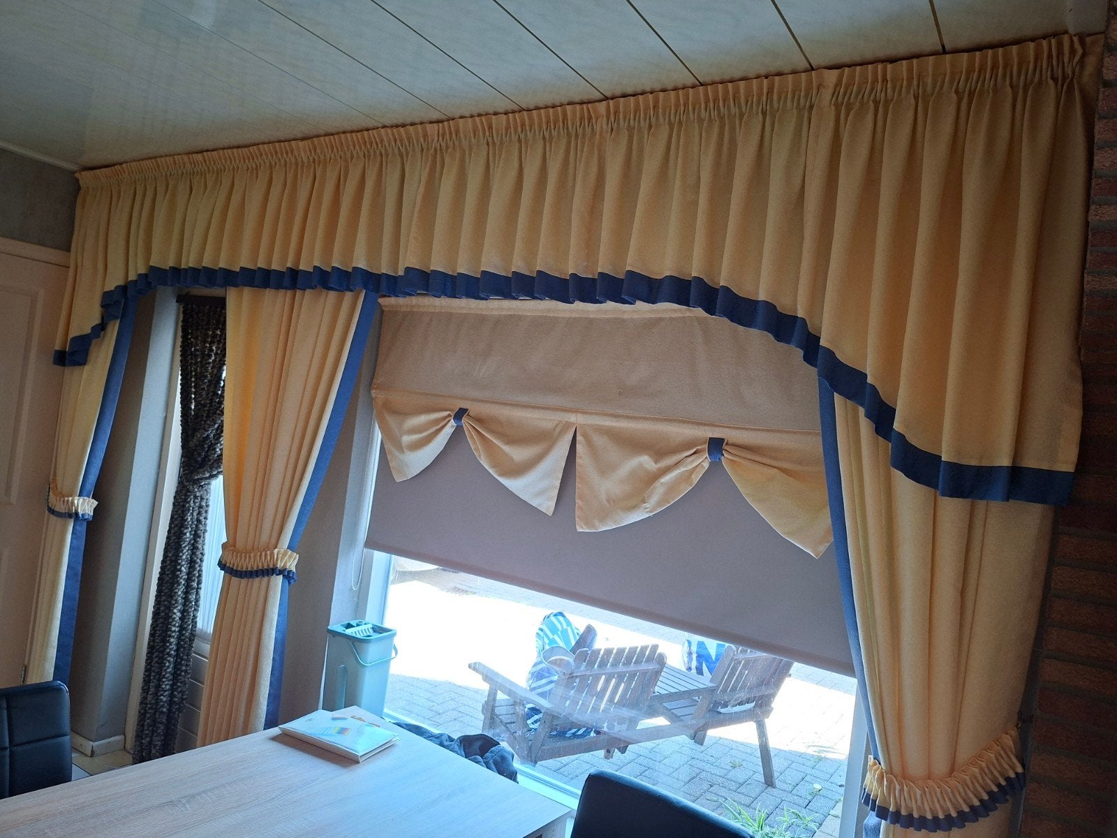 Gordijnen voor keuken, 3.60m breed, 2.50m lang, Ophalen of Verzenden, Gebruikt, Blauw, Gordijn