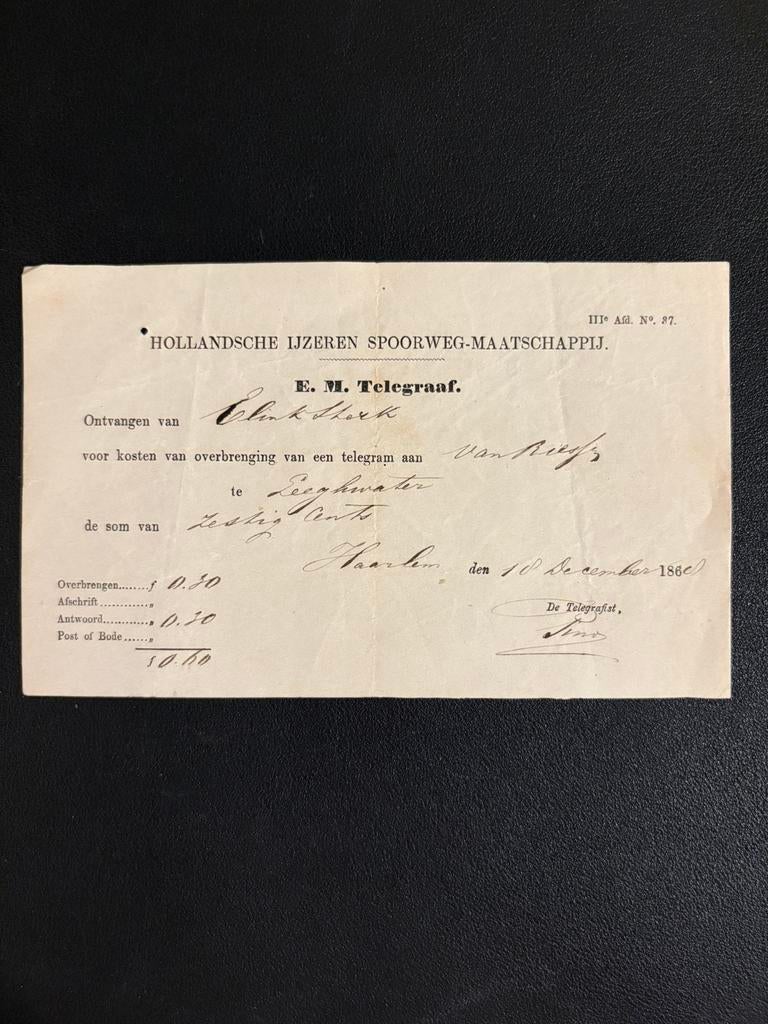 Kwitantie HIJSM verzenden telegram (18 december 1868), Verzamelen, Ophalen of Verzenden, Gebruikt, Trein