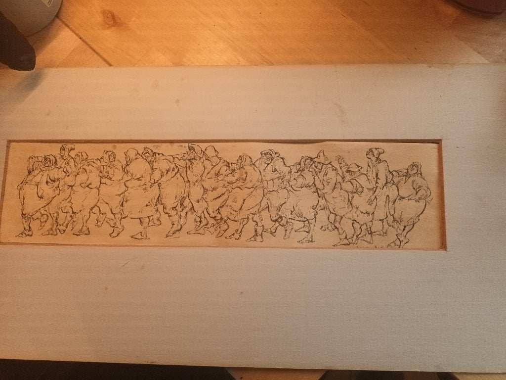 Pentekening van dansende figuren, Portret en Figuren, Ophalen of Verzenden, Overige techniek, Met passe-partout