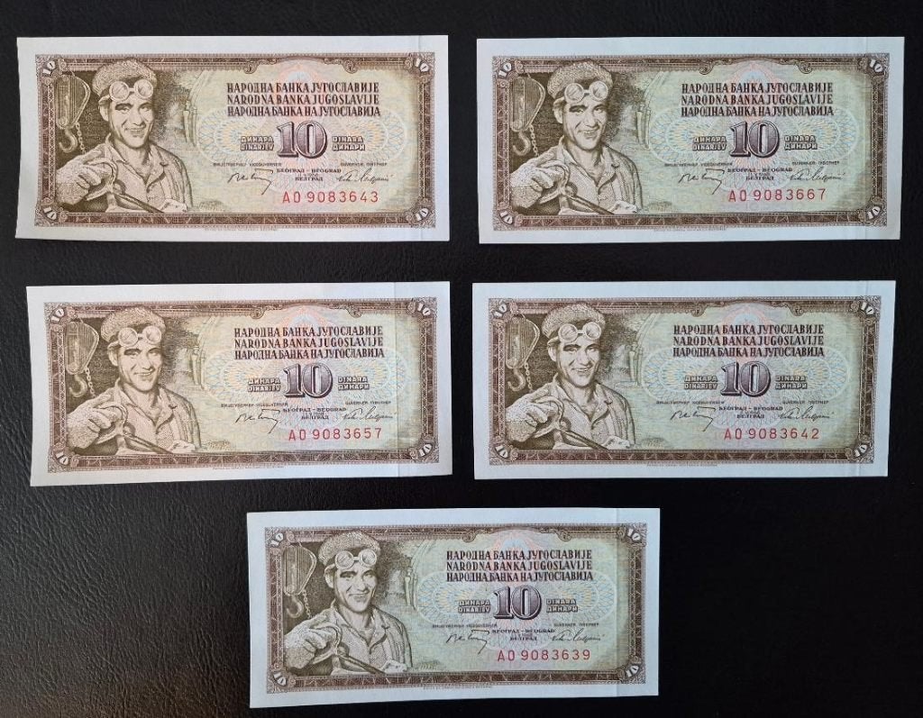 5 Bankbiljetten Joegoslavië 10 dinar 1968 UNC, Verzenden, Joegoslavië, Setje