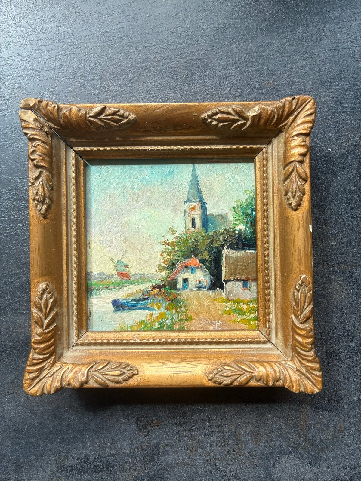 Miniatuur handgeschilderd landschap 10x10 cm, Paneel, Realistisch, Ophalen of Verzenden, Olieverf