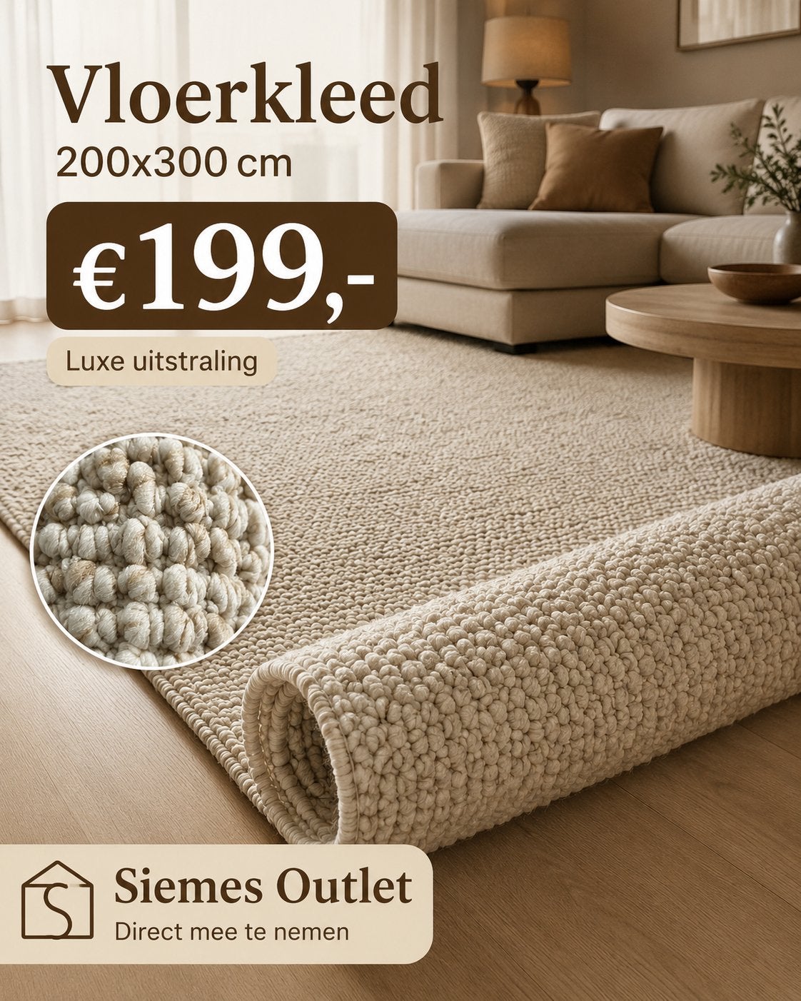 Luxe vloerkleed wol 200x300 cm – crème/beige – NIEUW!, Ophalen, Beige, 150 tot 200 cm, Rechthoekig