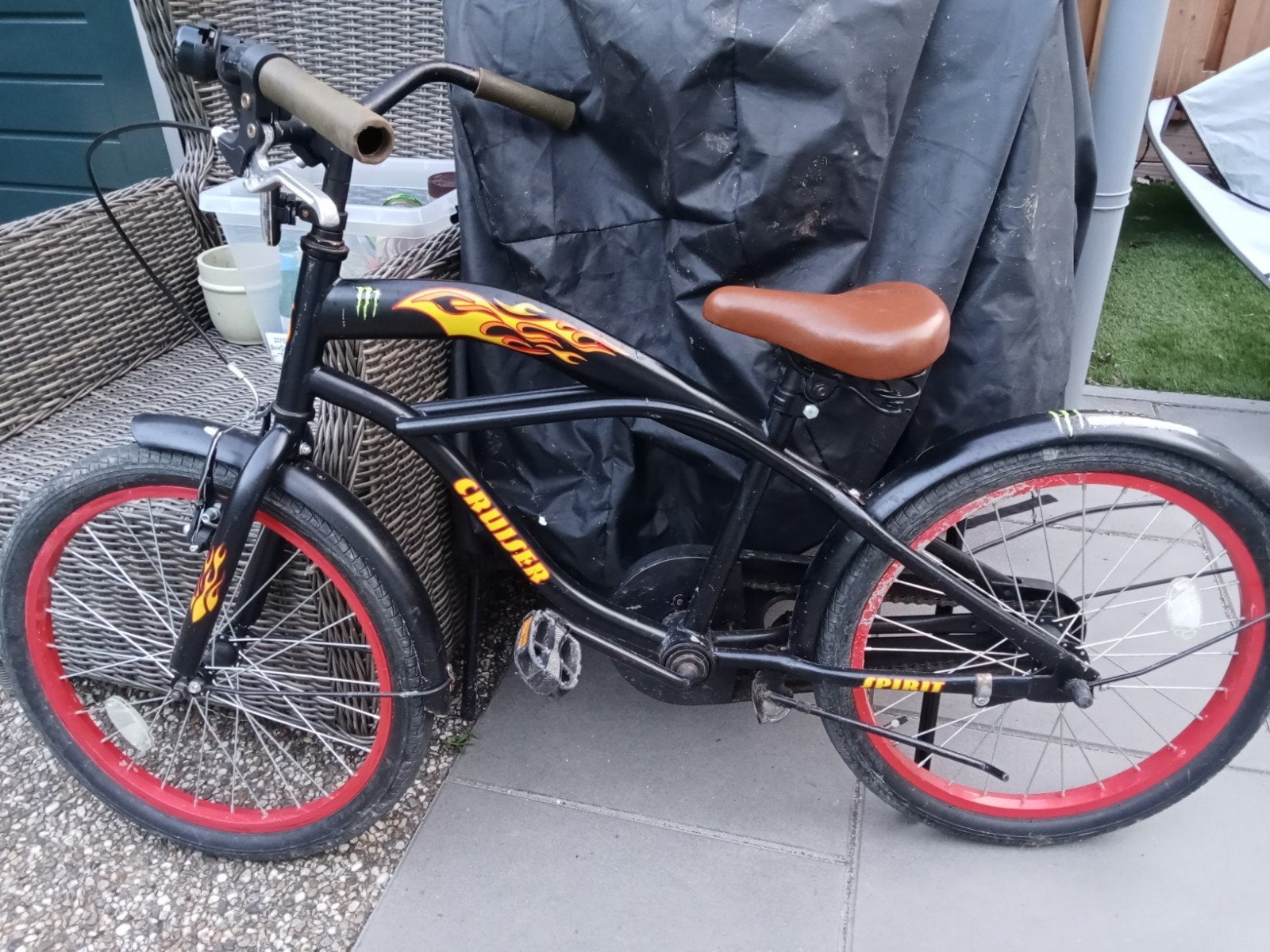Stoere Cruiser Fiets - Zwart met Vlammen en Rode Velgen, Fietsen en Brommers, Gebruikt, Staal, Cruiser, Ophalen of Verzenden