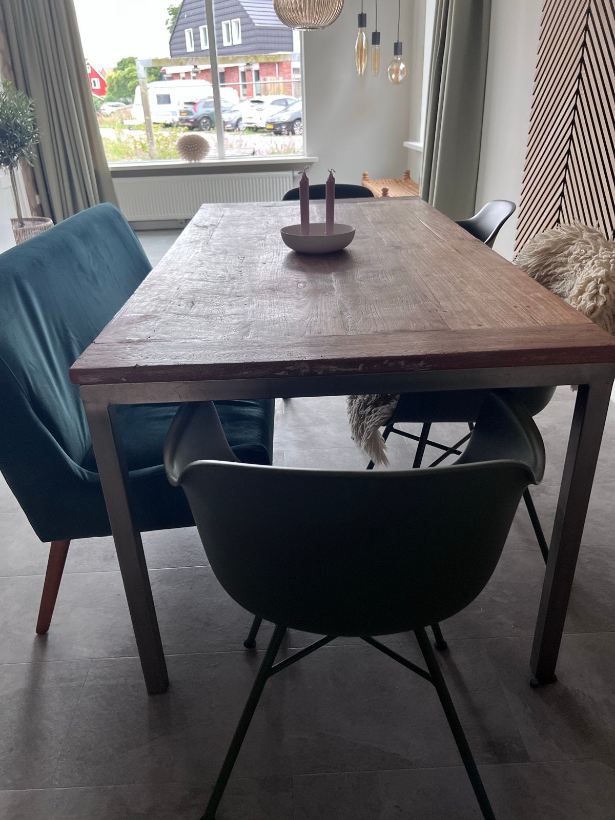 Teakhouten eettafel met RVS onderstel, Ophalen, Gebruikt, Teakhout, 50 tot 100 cm