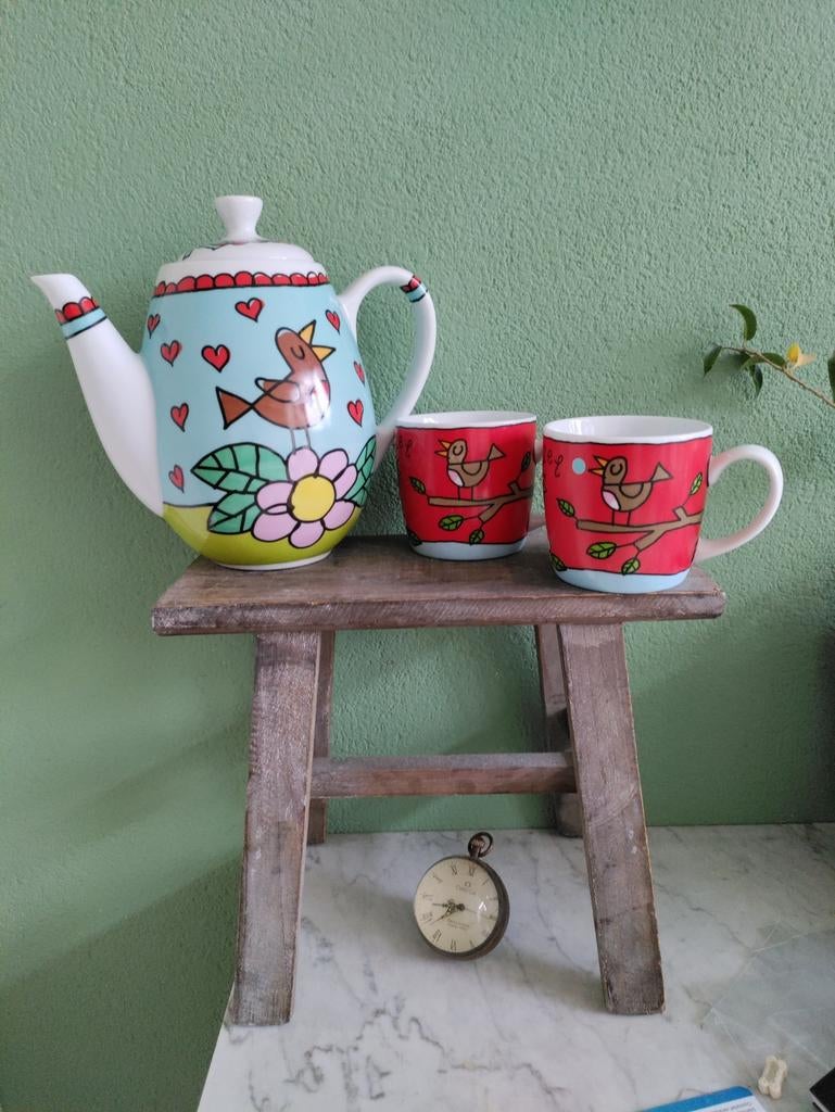 Theeservies Babette "Foogel" met vrolijke vogels, Huis en Inrichting, Keuken | Servies, Ophalen of Verzenden, Keramiek, Overige stijlen