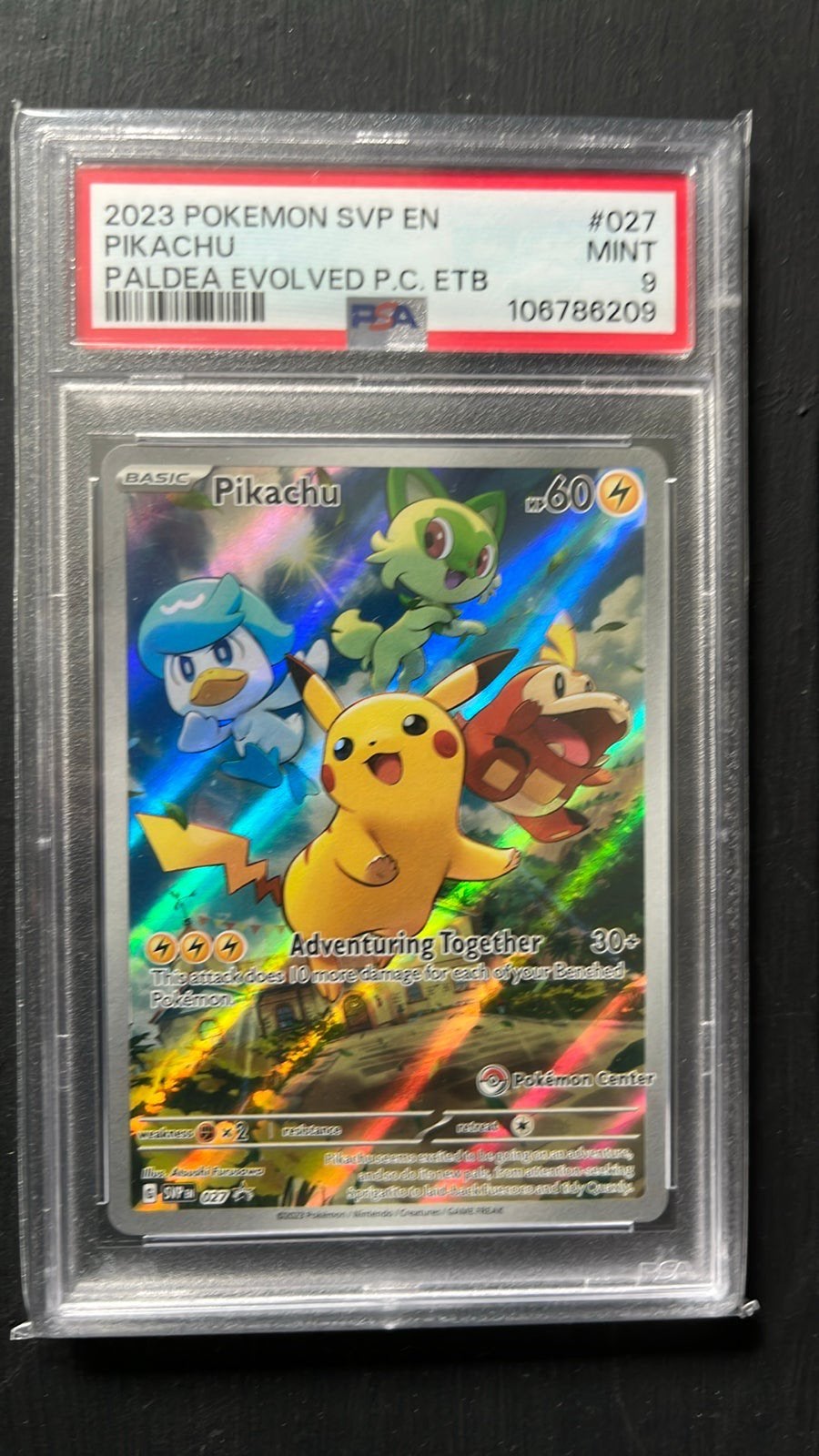 Pikachu SVP 027 Pokemon Center ETB promo PSA 9, Ophalen, Zo goed als nieuw