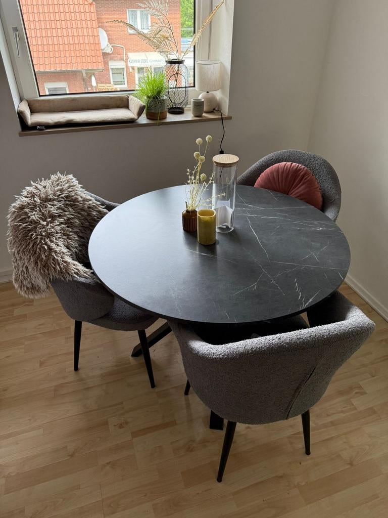 Moderne ronde eettafel met marmerlook blad + 3x stoel, Ophalen, Overige materialen, 50 tot 100 cm, Rond