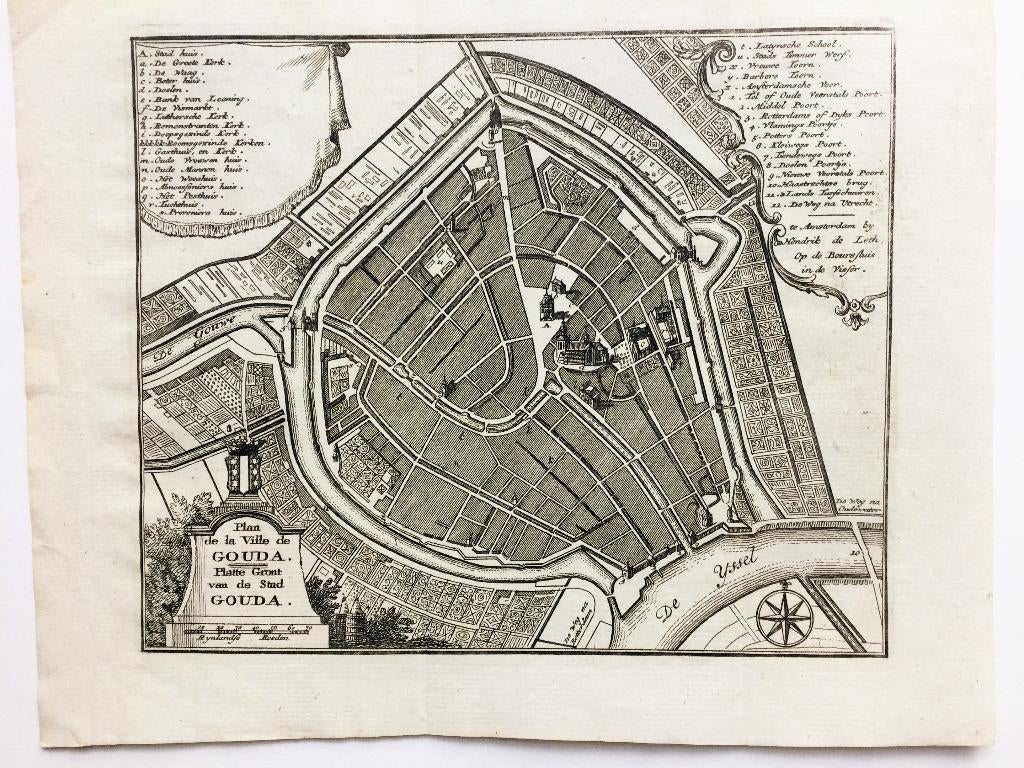 Gouda, Gedetailleerde kopergravure van de stad Gouda, 1740, Antiek en Kunst, Cartografie, 17 cm, Origineel, 20 cm