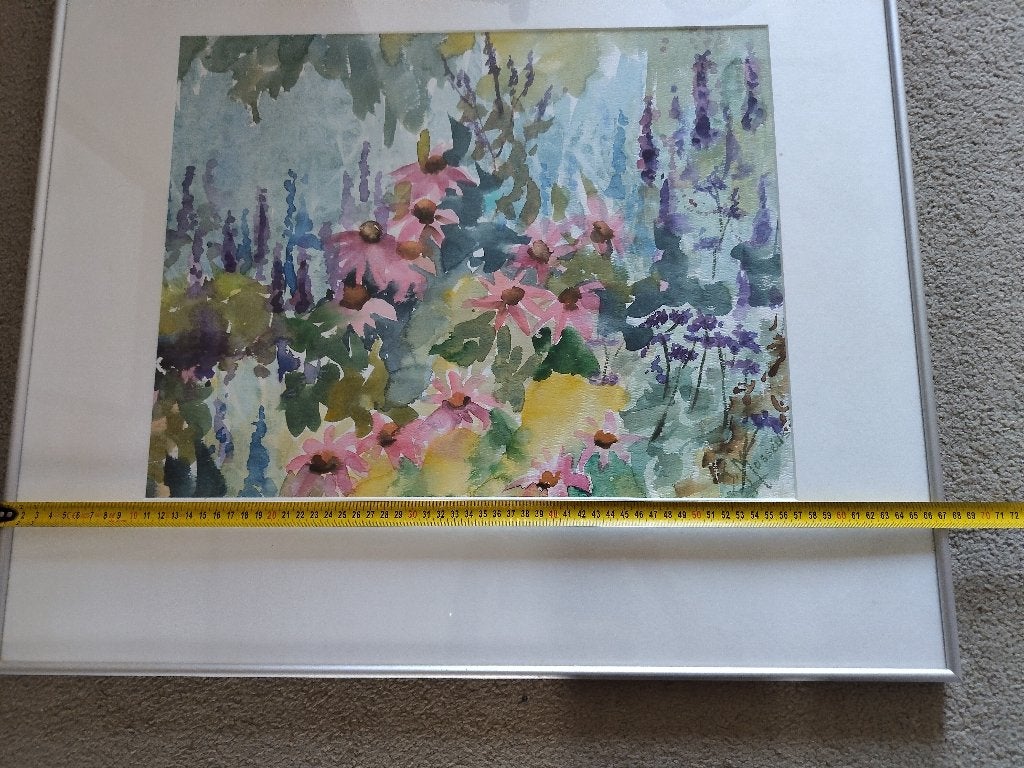 Aquarel "Bloemen in zomertuin" van kunstenaar Joop Masséus, Gesigneerd, Impressionistisch, Aquarel, Papier
