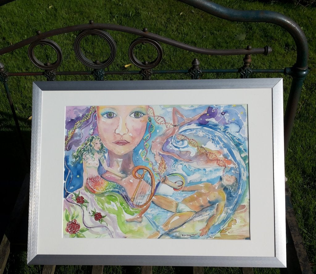 Aquarel Aangespoelde blote man / Zeemeermin / DNA-snoer, Ophalen of Verzenden, Achter glas, Aquarel, Figuren