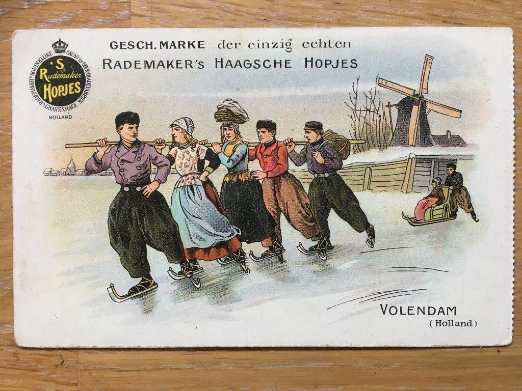 Reclame Haagse Hopjes / schaatsen / Volendam, Ophalen of Verzenden, Voor 1920, Gelopen, Klederdracht