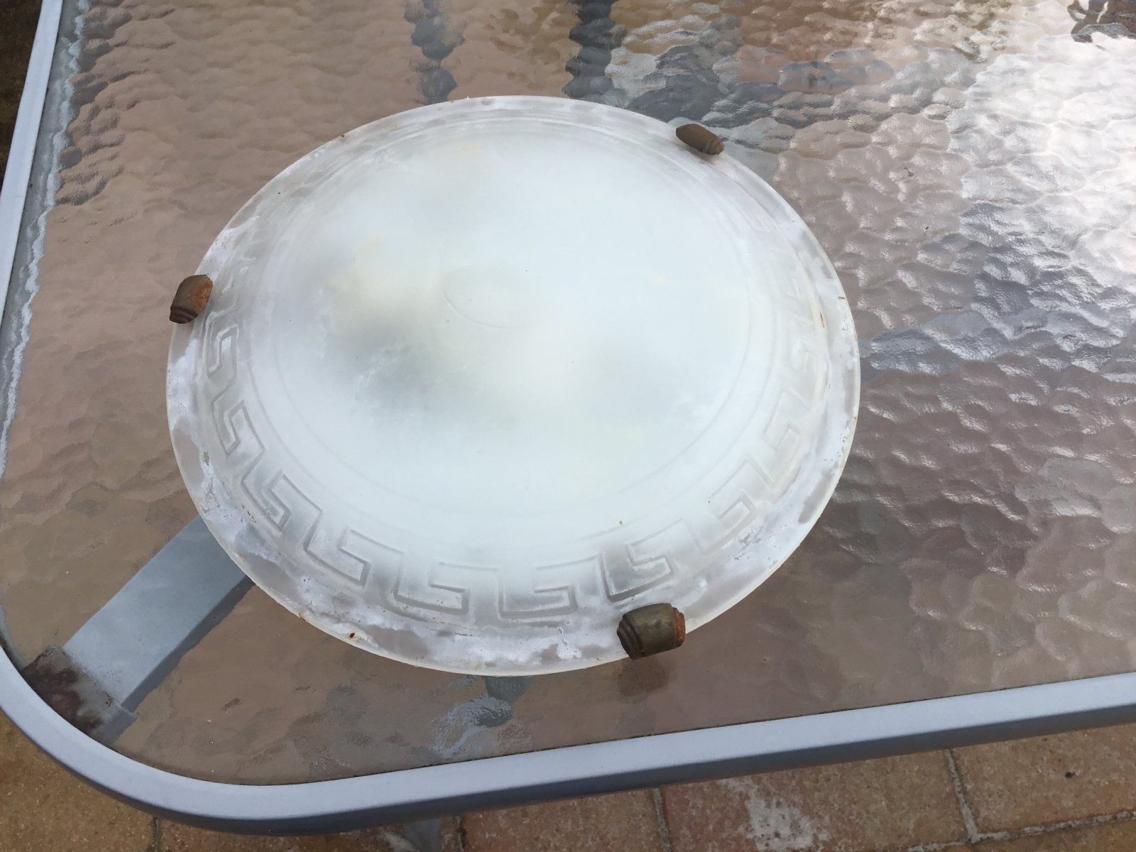 Vintage Plafondlamp met Melkglas en Griekse Rand, Ophalen, Gebruikt, Vintage, E27 (groot)
