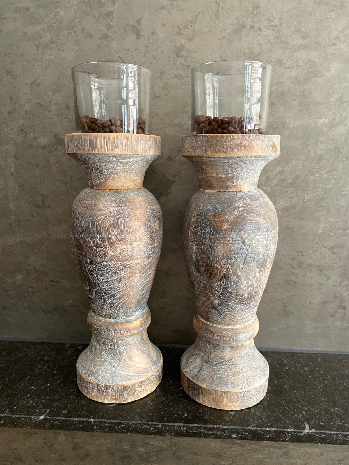 Set van 2 houten waxinelichthouders met glas, Ophalen, Bruin, Overige merken, Waxinelichthouder