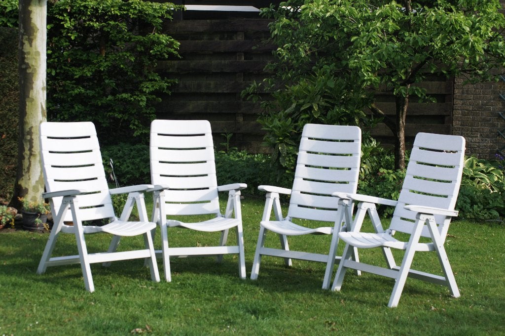 4 degelijke inklapbare tuinstoelen met kussens, Ophalen, Gebruikt, Kunststof, Verstelbaar