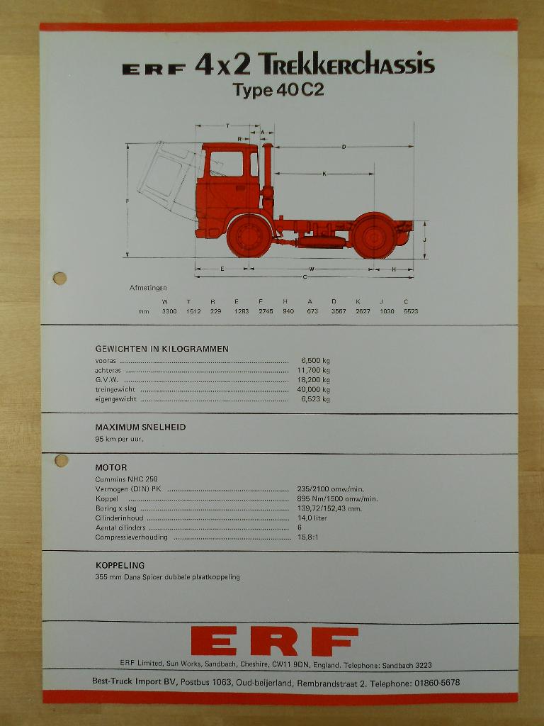 ERF 40 C2 4x2 Technische Specificatie Brochure 1978, Ophalen of Verzenden, Zo goed als nieuw, Overige merken, ERF