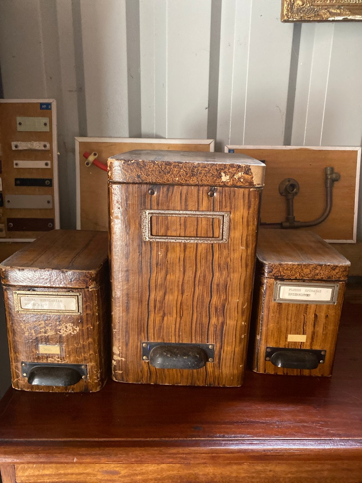 Antieke Houten Apothekersdozen met Komgrepen en Latijnse Eti, Ophalen of Verzenden