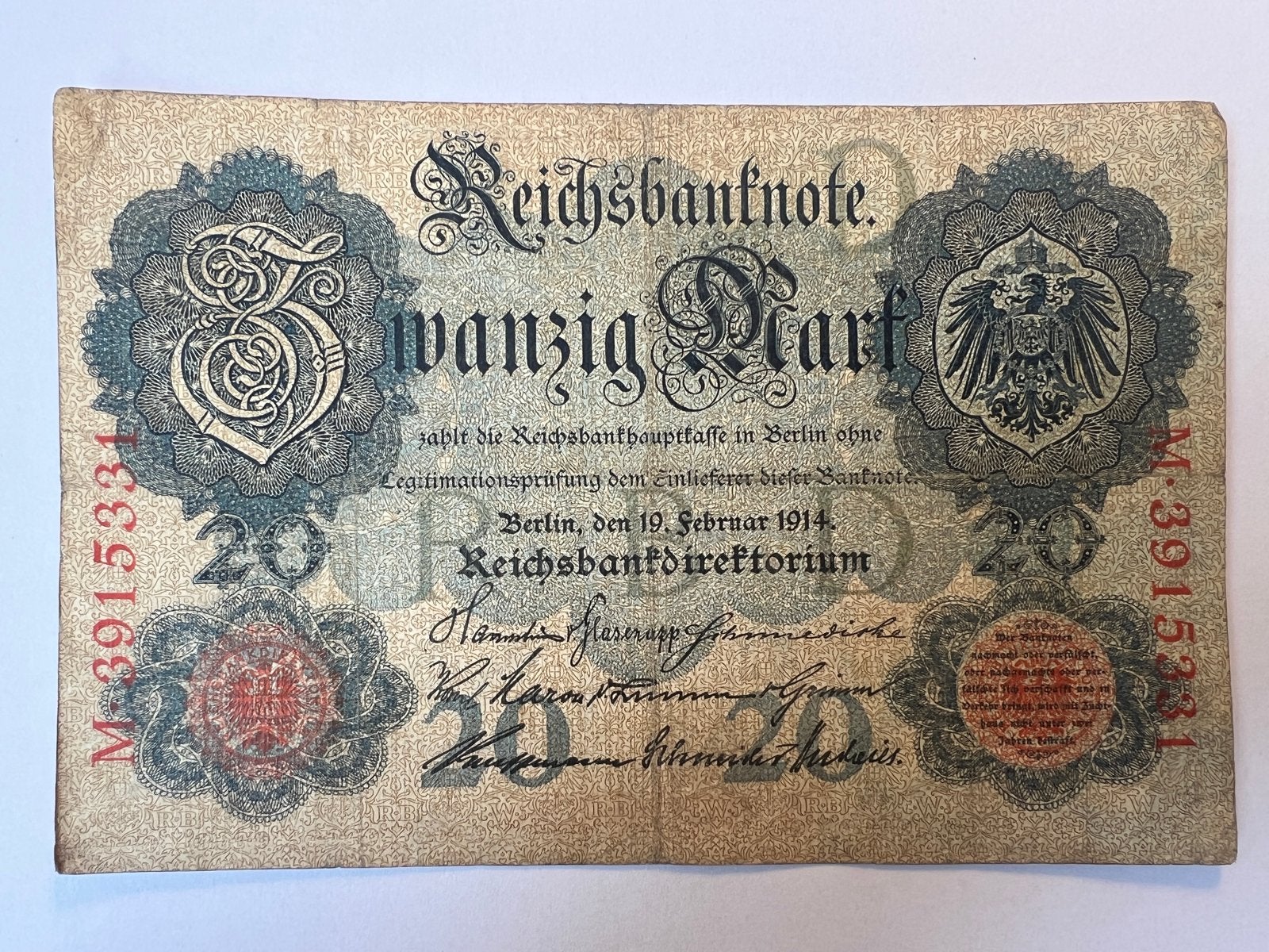 Duitse Reichsbanknote 20 Mark 1914, Postzegels en Munten, Bankbiljetten | Europa | Niet-Eurobiljetten, Ophalen of Verzenden, Duitsland