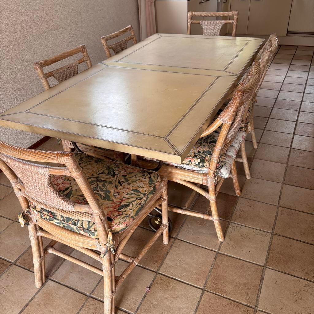 Eettafel afgewerkt met leer inclusief 6 bijpassende stoelen, Huis en Inrichting, Ophalen, Gebruikt, Overige materialen, 50 tot 100 cm