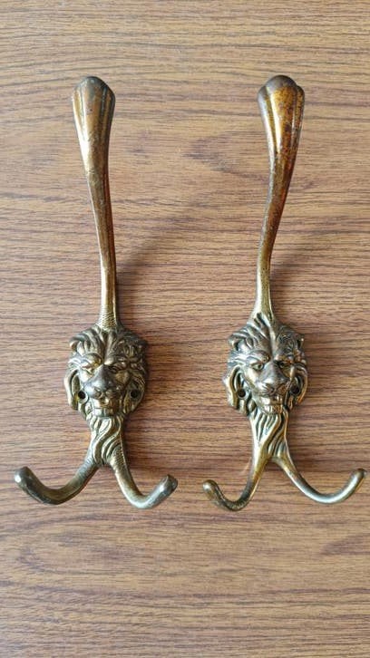 Set van 2 vintage kapstokhaken met leeuwenkop, Gebruikt, Wandhaken, Ophalen of Verzenden, Minder dan 100 cm