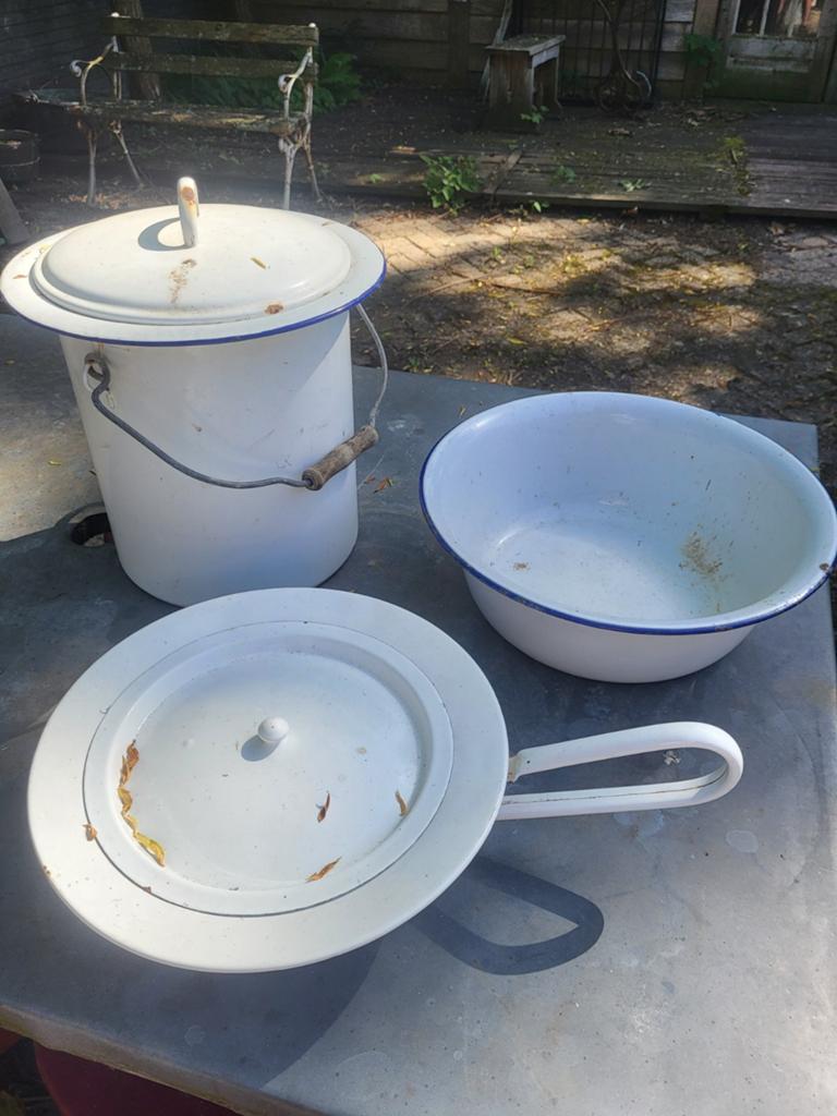Vintage geëmailleerde potten en kom - Brocante set, Ophalen of Verzenden