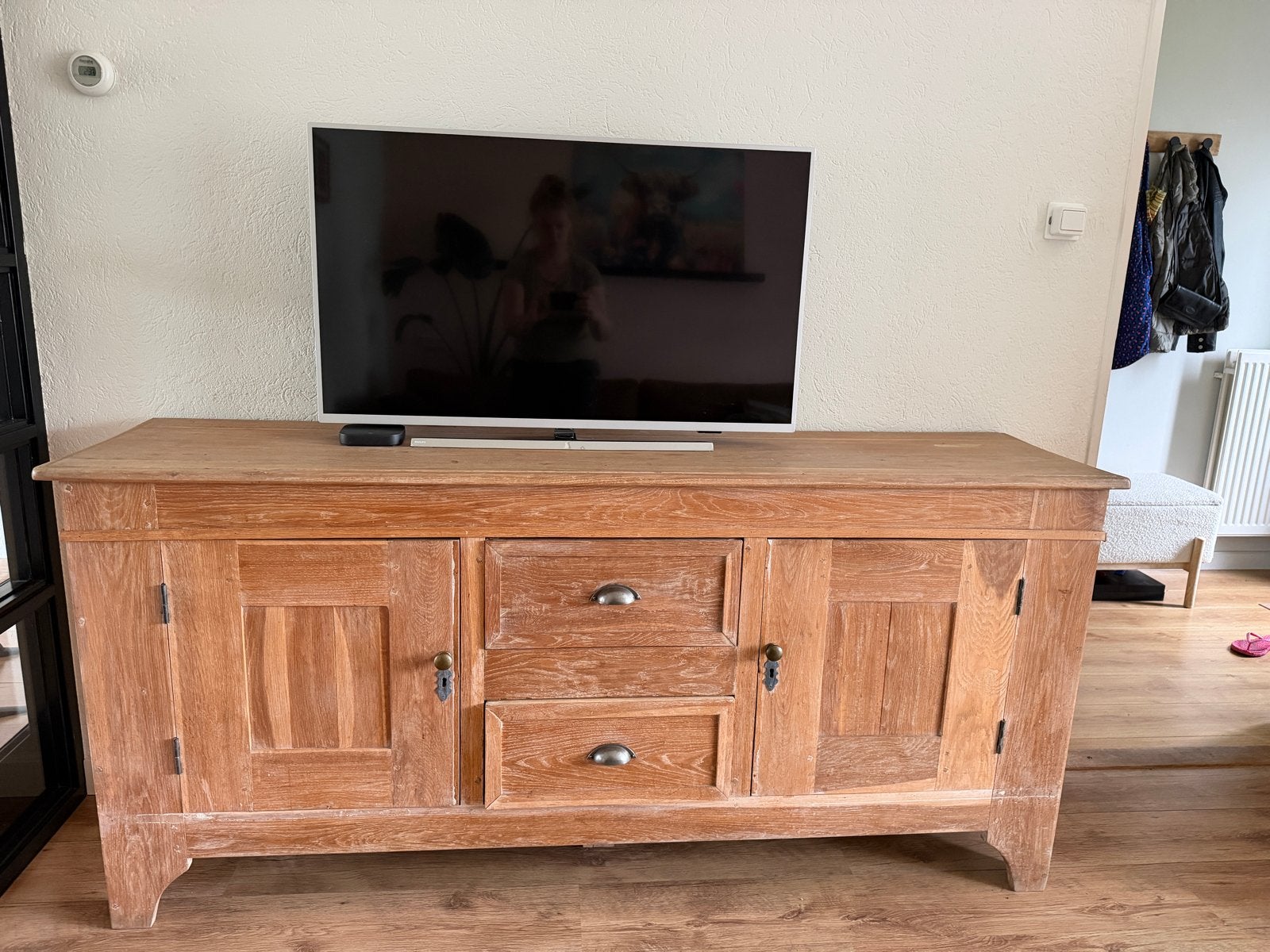 Zwaar eikenhouten tv meubel, Ophalen, Gebruikt, 150 tot 200 cm, Eikenhout