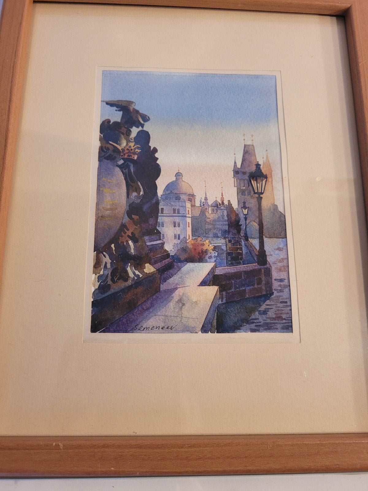 Schilderijtje aquarel Praag Karelsbrug schilderij, Antiek en Kunst, Ophalen of Verzenden, Achter glas, Klassiek, Aquarel