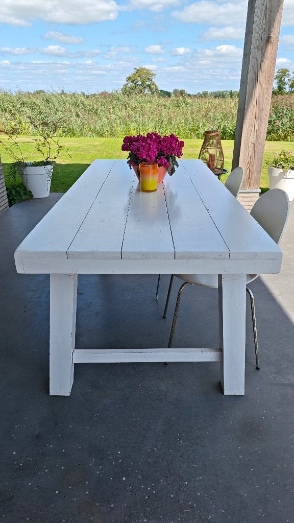 Stevige witte tafel van steigerhout, Ophalen, Gebruikt, 200 cm of meer, 50 tot 100 cm