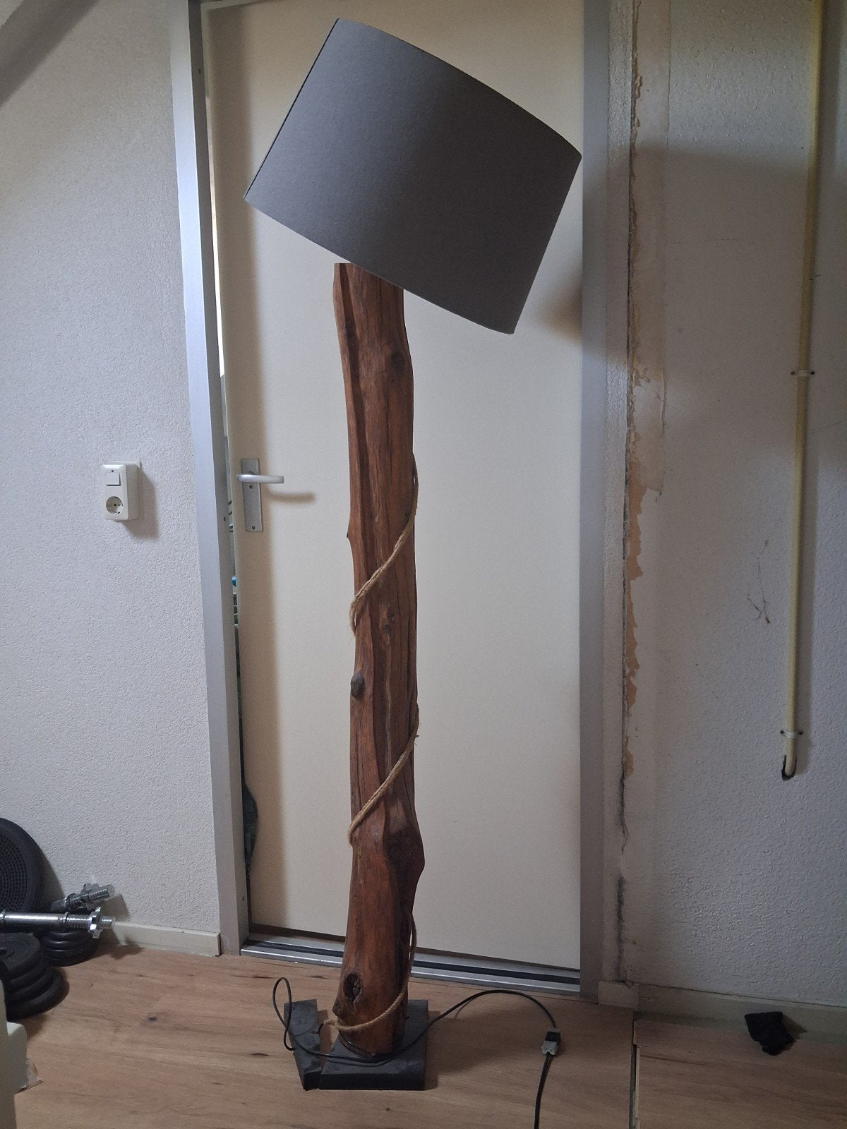 Unieke houten vloerlamp - werkt niet, Ophalen, Gebruikt, Textiel, E27 (groot)