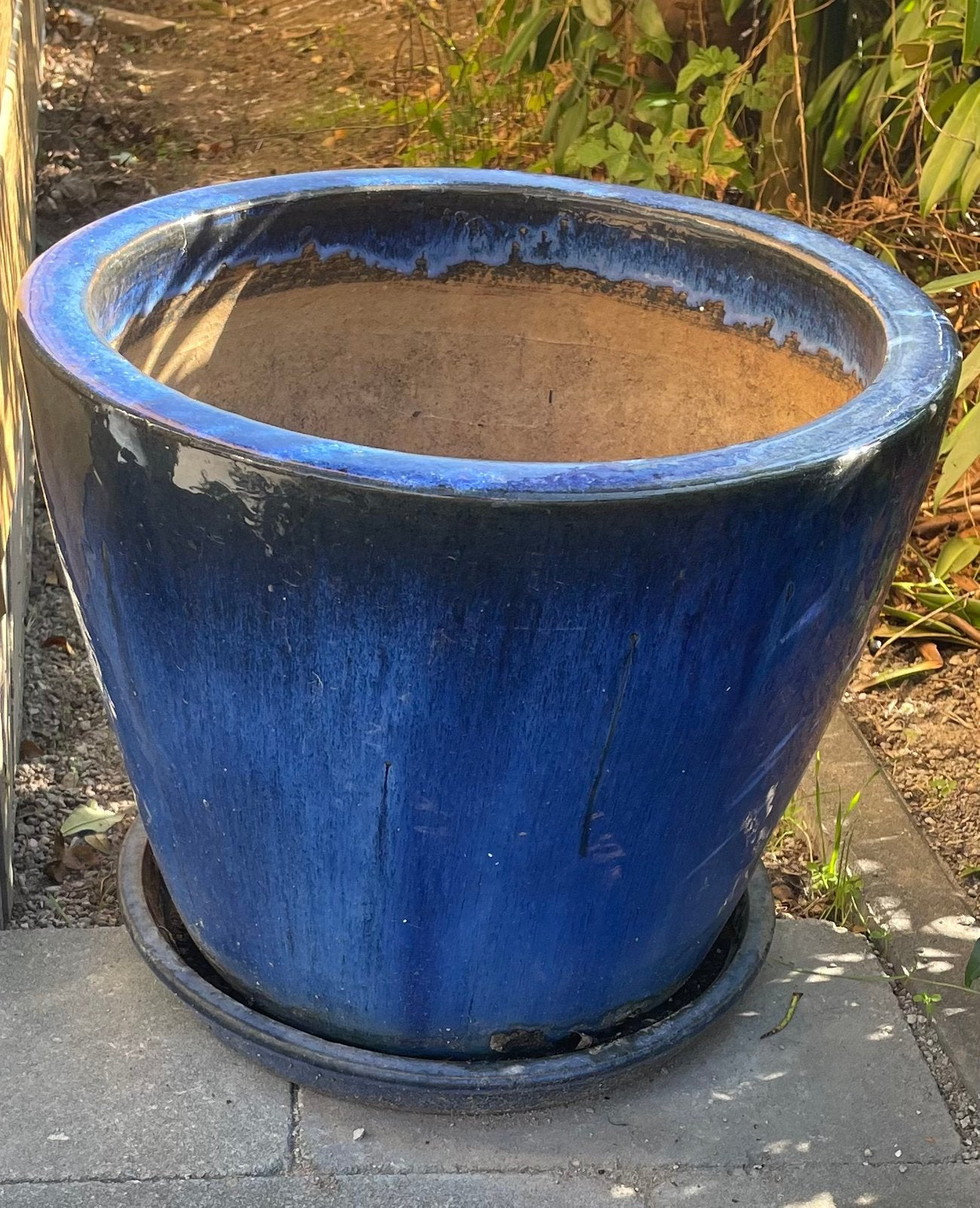Geglazuurde Blauwe Bloempot, Tuin en Terras, Rond, Zo goed als nieuw, Aardewerk, 40 tot 70 cm