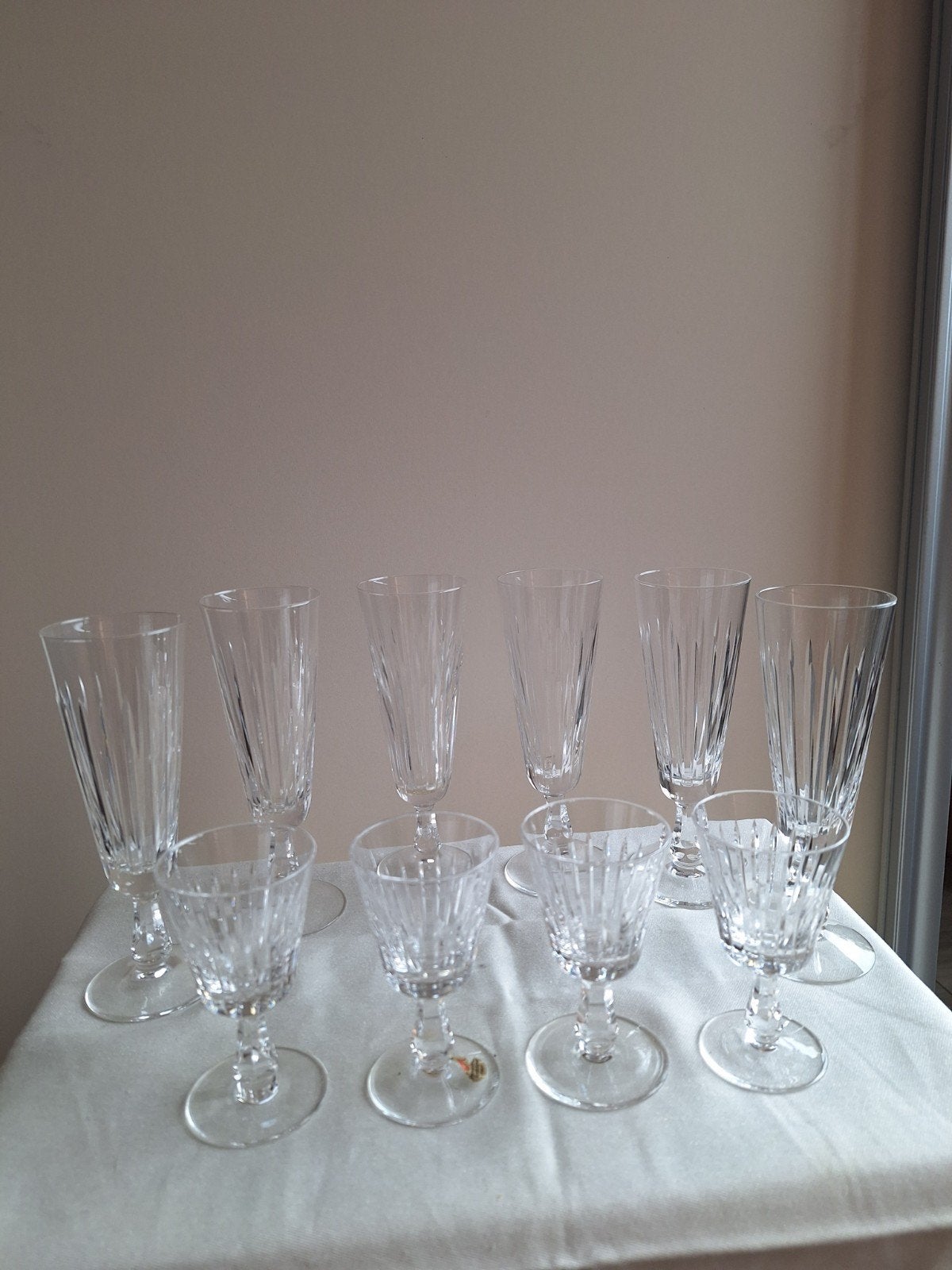Set van 10 geslepen kristallen glazen Leerdam - 6 champagne,, Ophalen of Verzenden