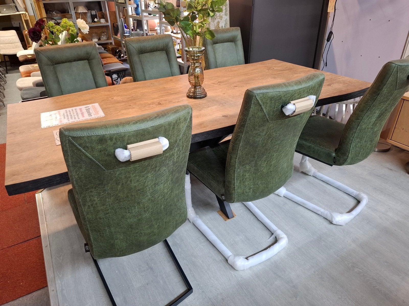 6 Nieuwe stoelen, Groen, zwart frame en greep, Malene H&H, Huis en Inrichting, Stoelen, Ophalen, Overige kleuren, Nieuw, Stof