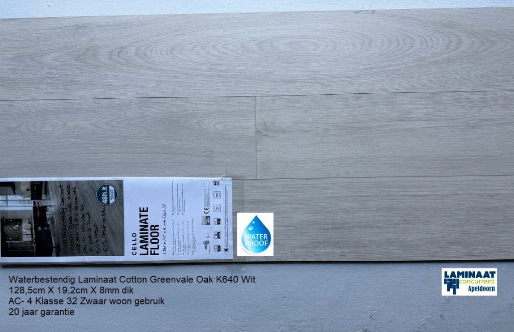 Waterbestendig Laminaat Cotton Greenvale Wit K640 8mm dik, Laminaat waterbestendig Wit kleur, Wit, Nieuw, Ophalen of Verzenden
