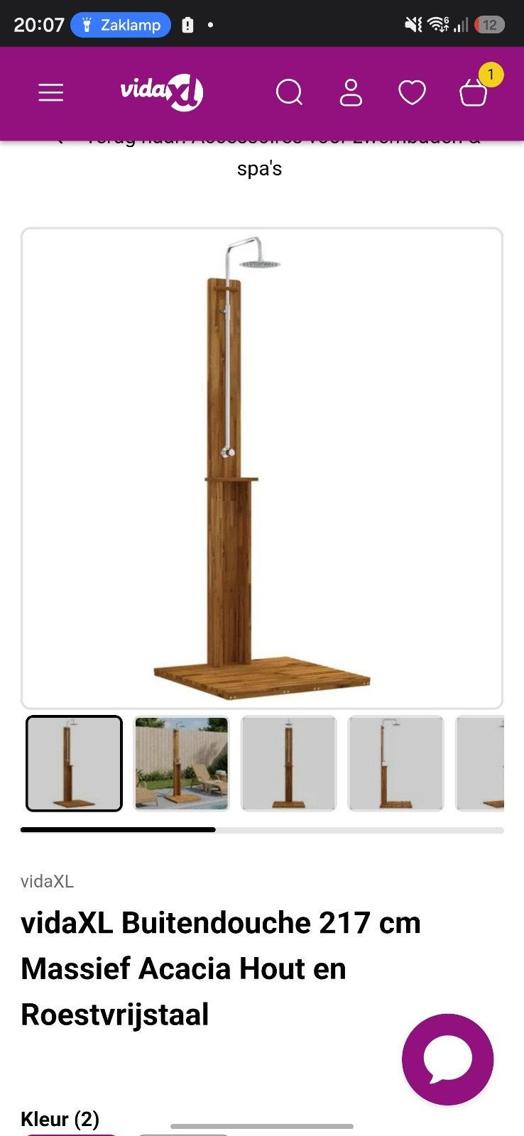 Buitendouche 217 cm Massief Acacia Hout en RVS, Ophalen, Nieuw, Rvs, Douche