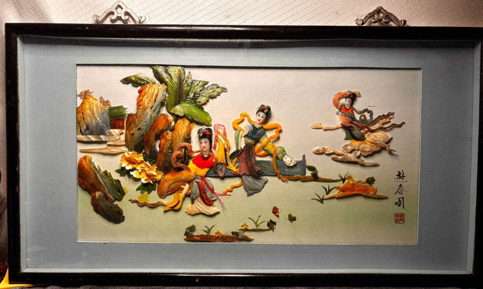 Vintage Chinees 3D wandpaneel Parelmoer 78x42, Paneel, Ophalen of Verzenden, Landschap, Klassiek