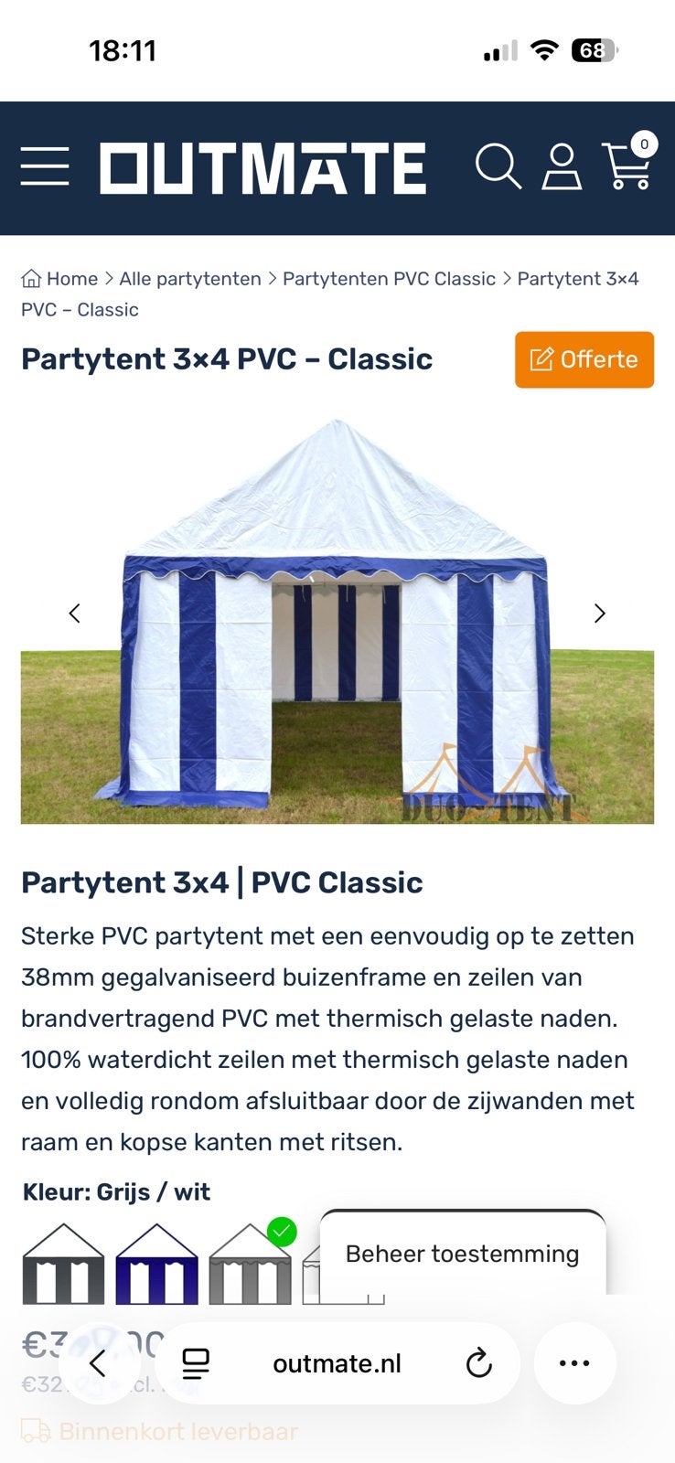 Nette party tent 3x4 pvc gaat niet lager als €250 weg!!, Tuin en Terras, Ophalen, Zo goed als nieuw, Minder dan 5 meter