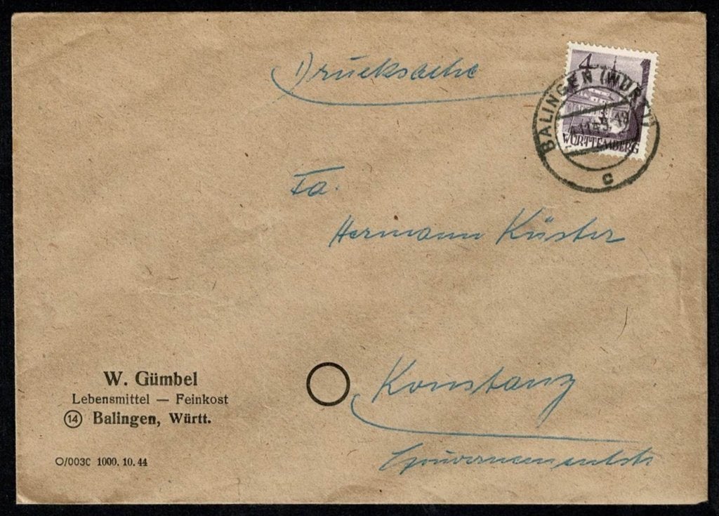 Württemberg Franse zone : afgestempeld Balingen 1.11.1949, Postzegels en Munten, Brieven en Enveloppen | Buitenland, Verzenden