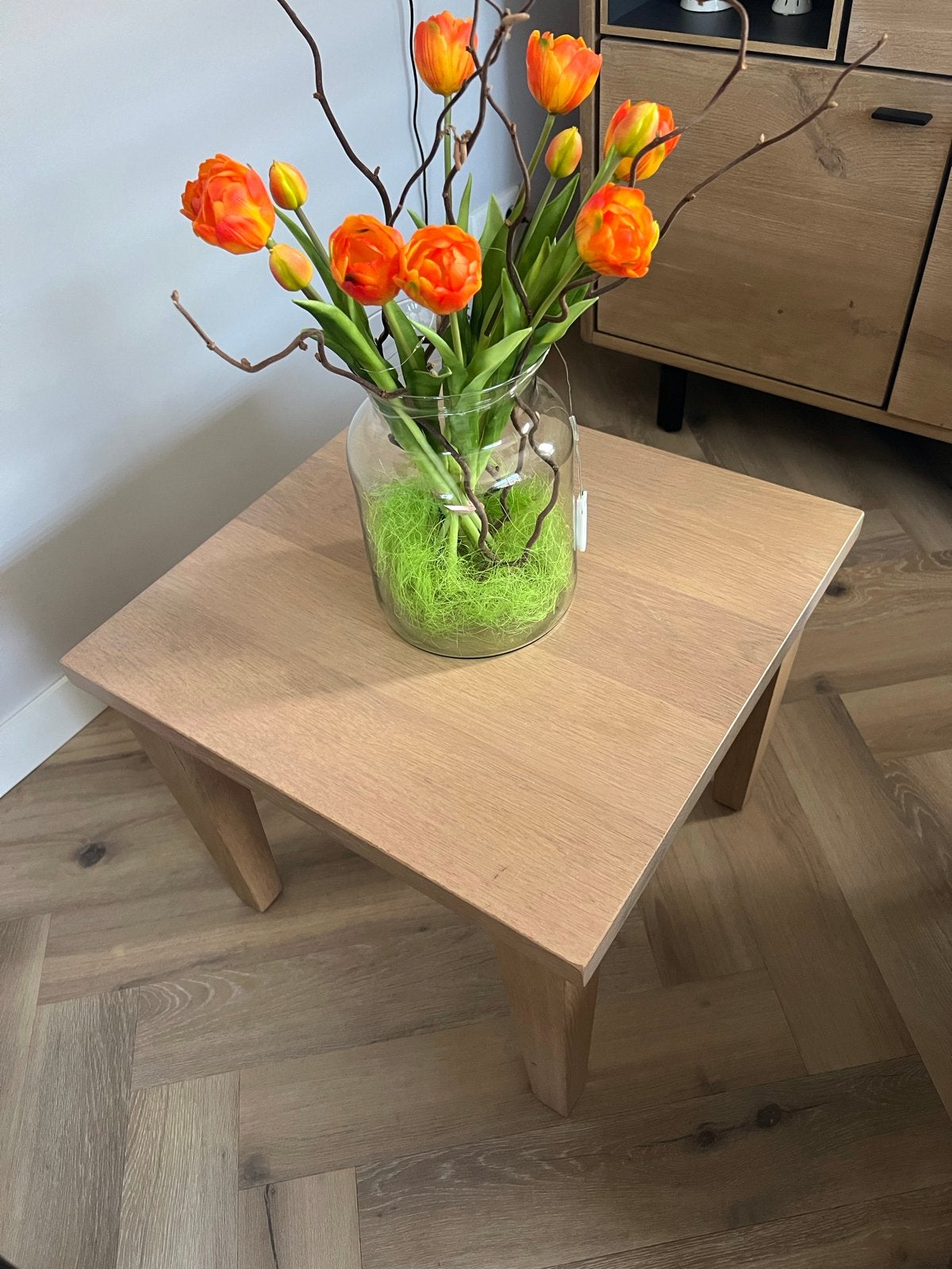 Handgemaakte massief eiken bijzettafel - White wash, Minder dan 45 cm, Minder dan 55 cm, Gebruikt, Vierkant