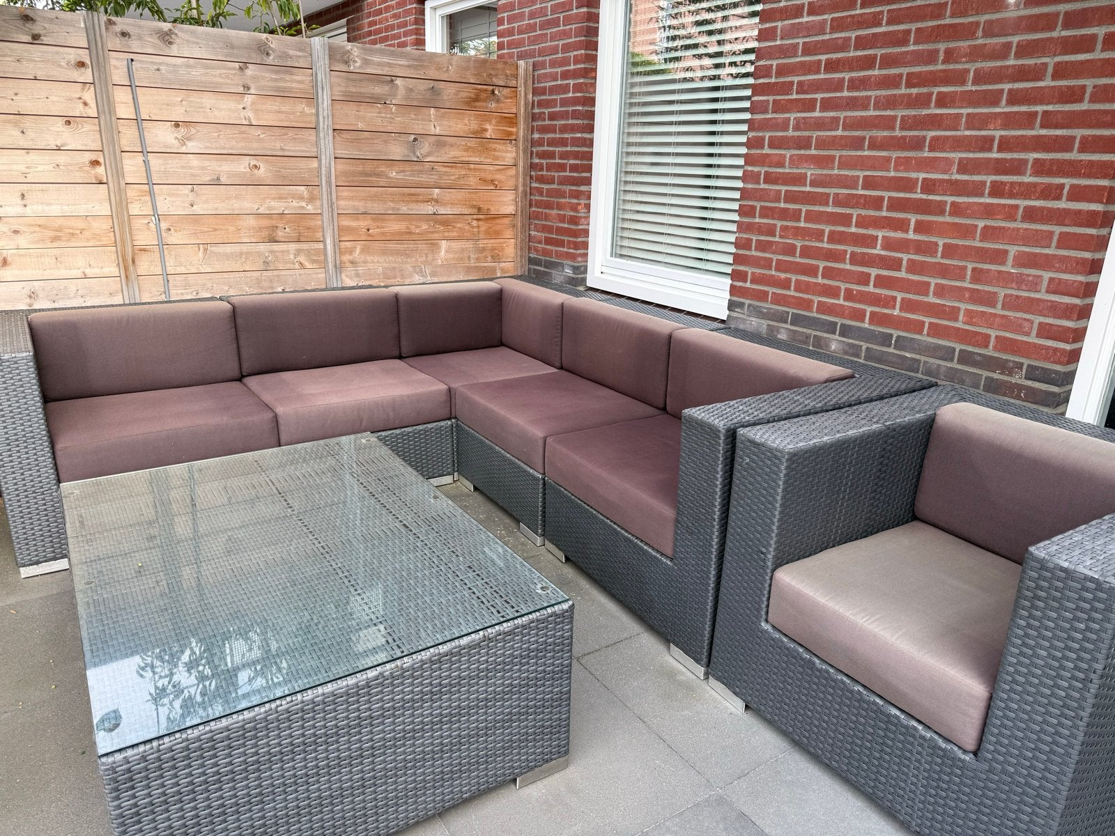 Luxe Wicker Loungeset met Glazen Salontafel, Tuin en Terras, Ophalen, Gebruikt, Meer dan 8 zitplaatsen, Loungeset