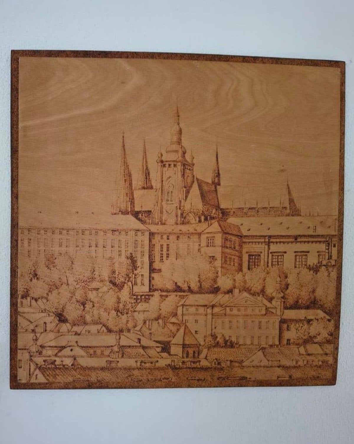 Houten wanddecoratie met pyrografie Praagse burcht, Ophalen