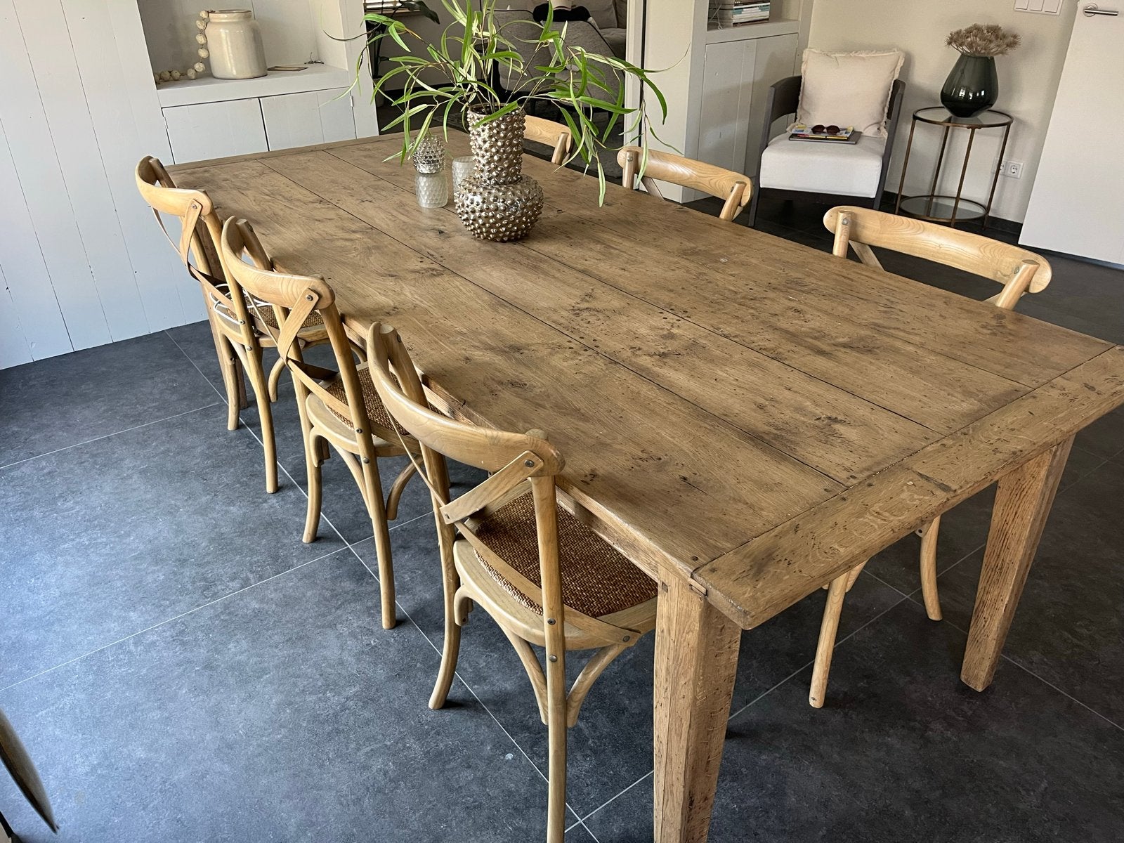 Set van 6 houten cross eetkamerstoelen met rieten zitting, Huis en Inrichting, Stoelen, Ophalen, Landelijj, Overige kleuren, Zo goed als nieuw