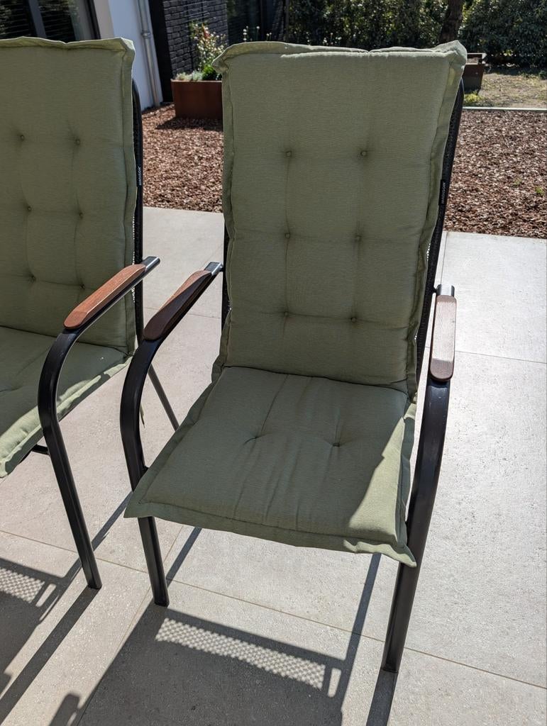 Metalen stapelbare tuinstoelen met groene kussens - 6 stuks, Tuin en Terras, Ophalen, Gebruikt, Metaal