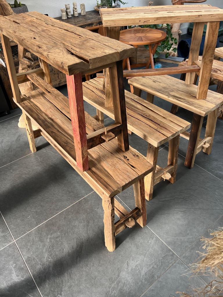 Krukje bank railway uit Bali sloophout driftwood old teak, Huis en Inrichting, Krukjes, Nieuw, Ophalen of Verzenden, https://verburgtvintage.nl/#contact