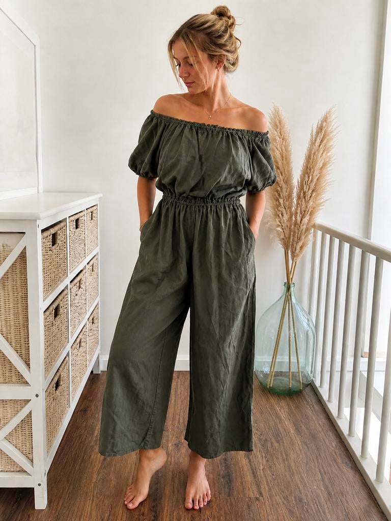 COS linen mix jumpsuit khaki off shoulder, valt ruim M/L/XL, Ophalen of Verzenden, Nieuw, Maat 42/44 (L), Groen