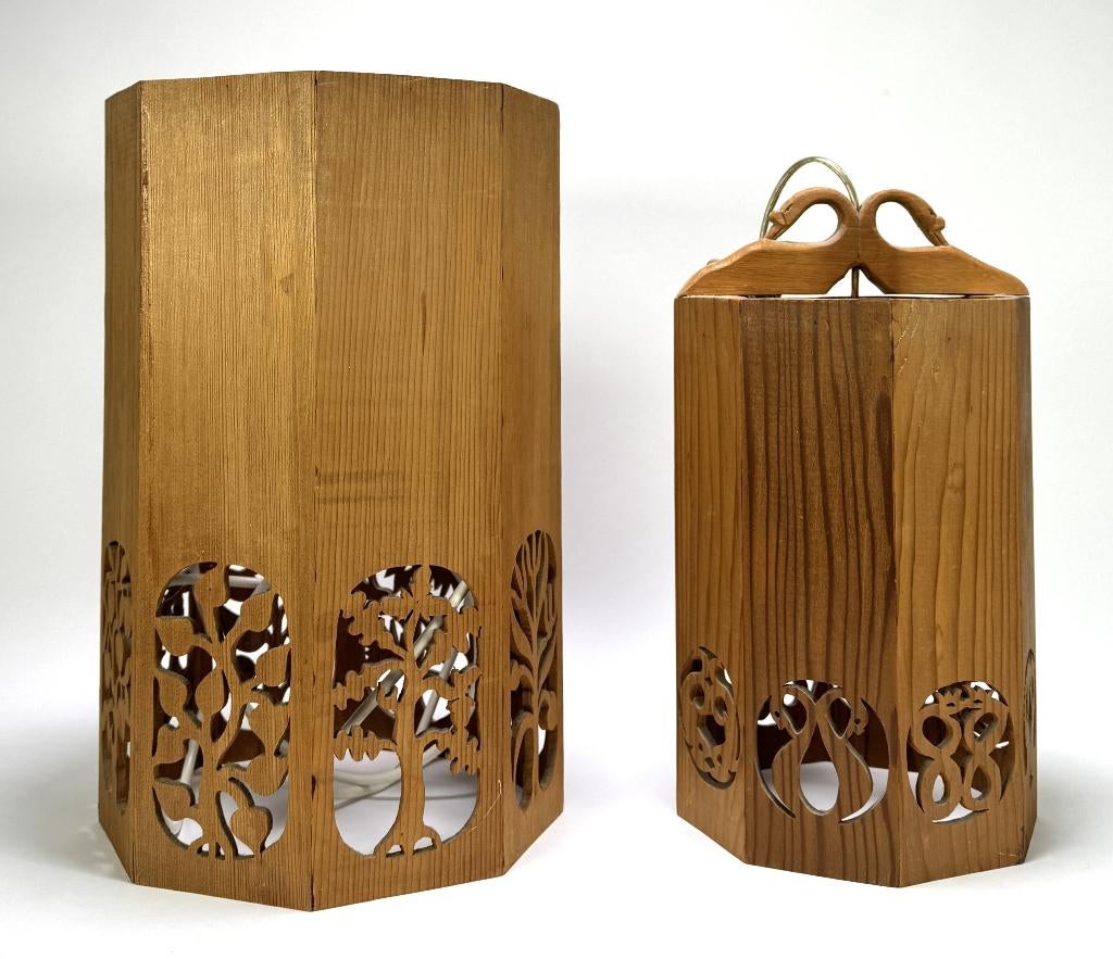 636. Houten hanglampen met ajourdecor, ca. 1960, Ophalen of Verzenden, Gebruikt, Hout, Minder dan 50 cm