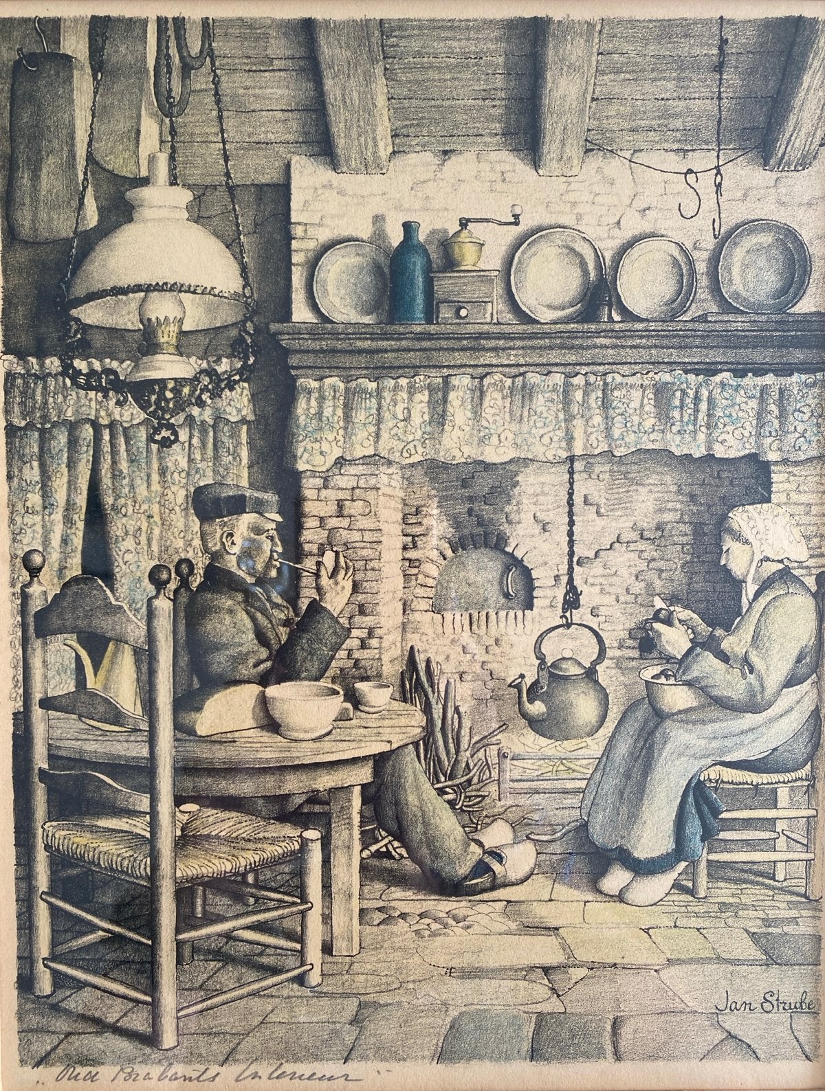 Jan Strube - Oud Brabants interieur (ingekleurd), Ophalen, Print, Prent, Origineel