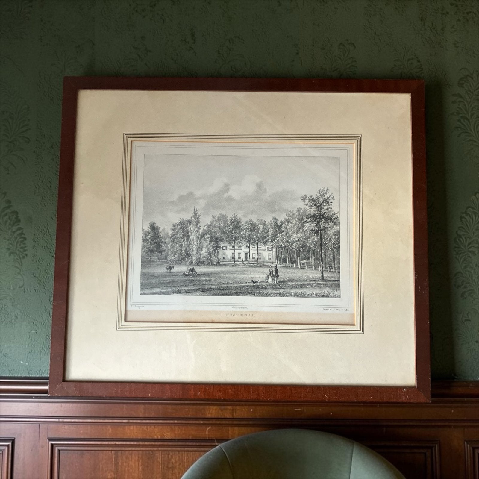 landgoed Westhoff 1855  Lunteren door PJ Lutgers, Ingelijst, 1800 - 1899, Ophalen of Verzenden, Landschap