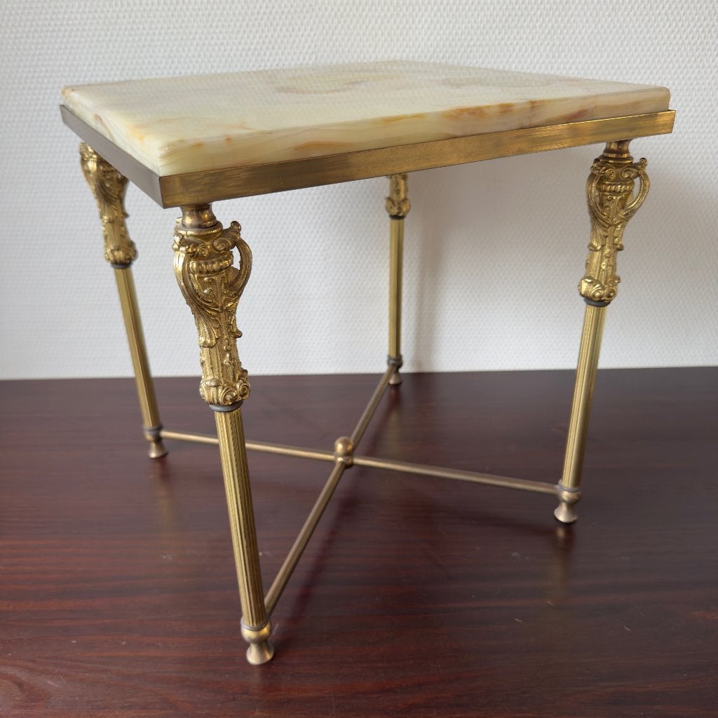 Vintage Koperen Bijzettafel met Onix Marmeren Blad, Vierkant, Ophalen, Minder dan 55 cm, Gebruikt, Vierkant